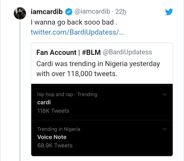 Screenshot_20200619-192344_1592591717438 Cardi B intends visiting Nigeria Again