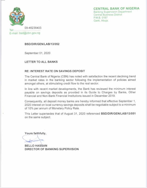 4FEF778F-D565-47AF-9AD1-78358AC68CDF Updated: CBN orders banks to pay 10% of MPR as interest on savings deposit