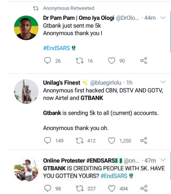 Screenshot_20201019-115659_1603105050883 #EndSARS: Anonymous allegedly hacks GTBank, credits N5,000 to current account users